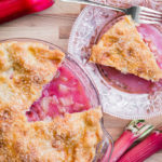 red rhubarb with slice of fresh rhubarb pie