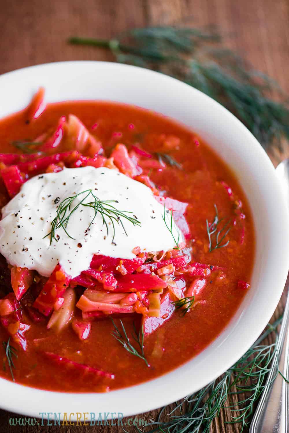 bowl of borscht with sour cream