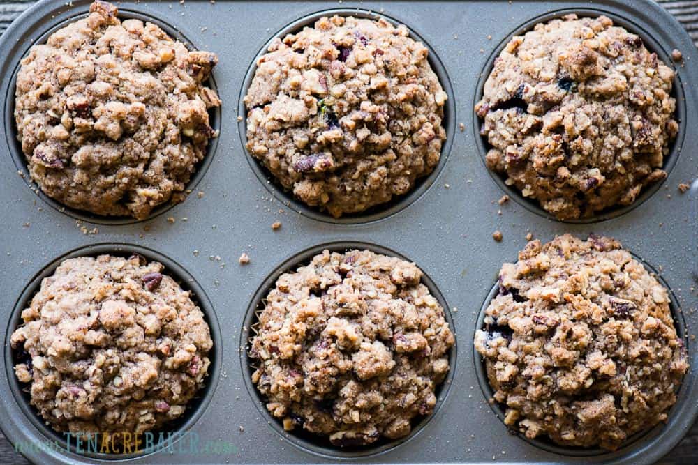 Six jumbo sized Zucchini Blueberry Muffins with Stresel Topping