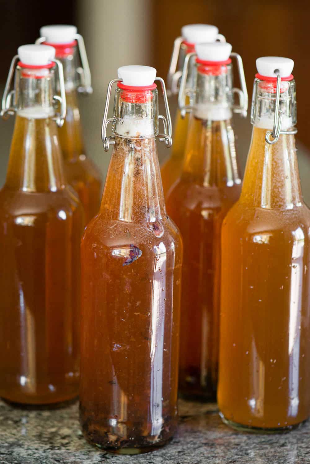 capped bottles of homemade kombucha