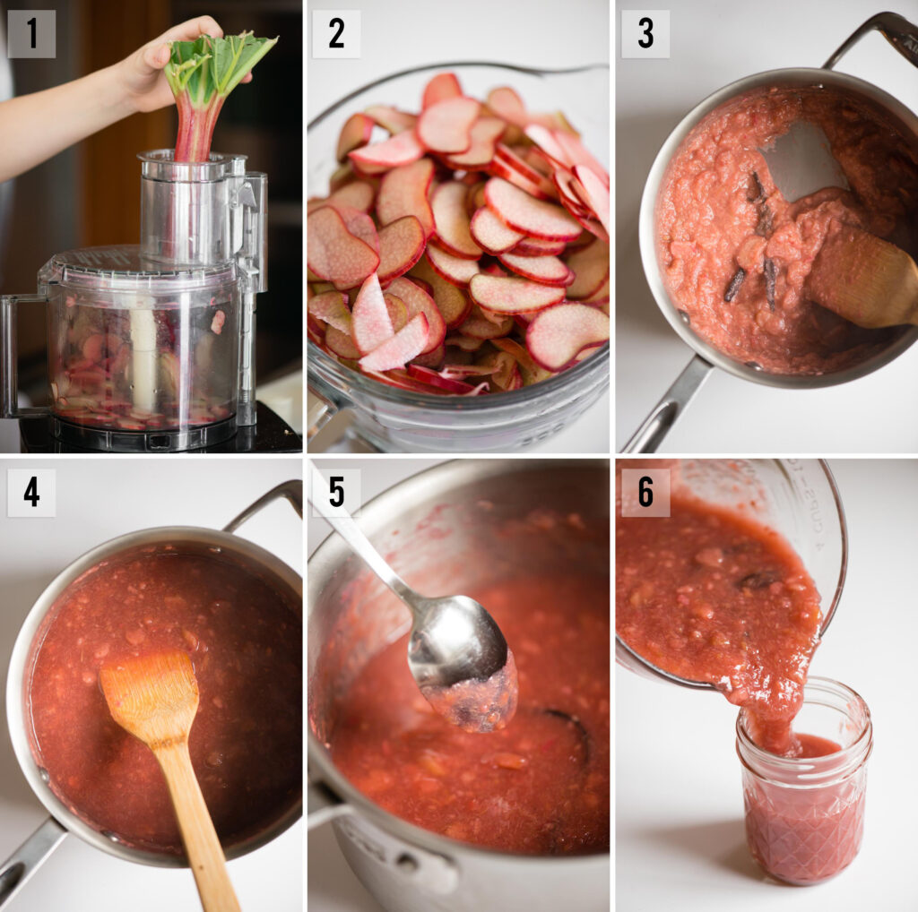 step by step process photos of how to make rhubarb jam