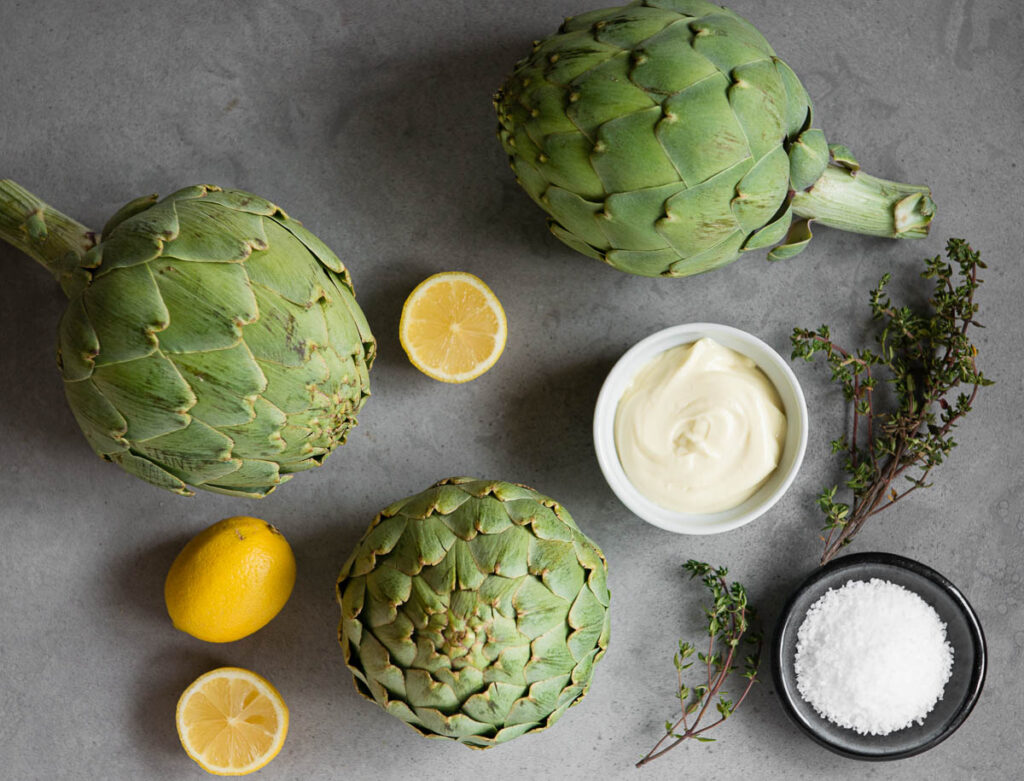 ingredients to make steamed artichokes with dip